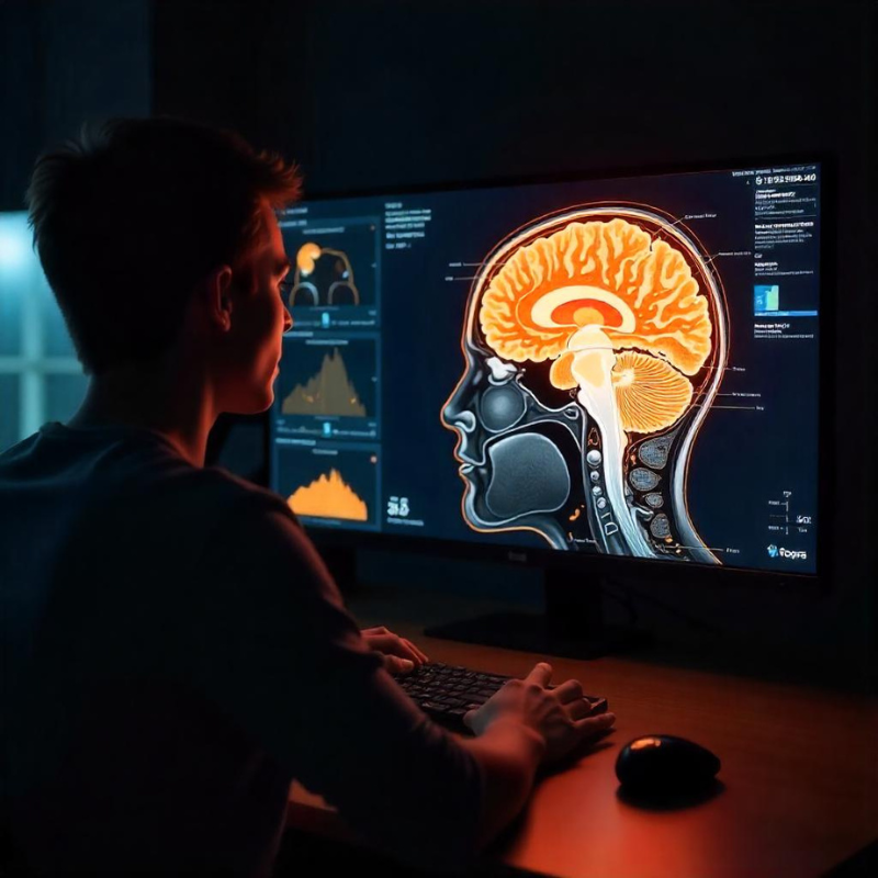 Um cientista sentado à mesa olhando para a tela de um computador em que mostra um cérebro em análise.