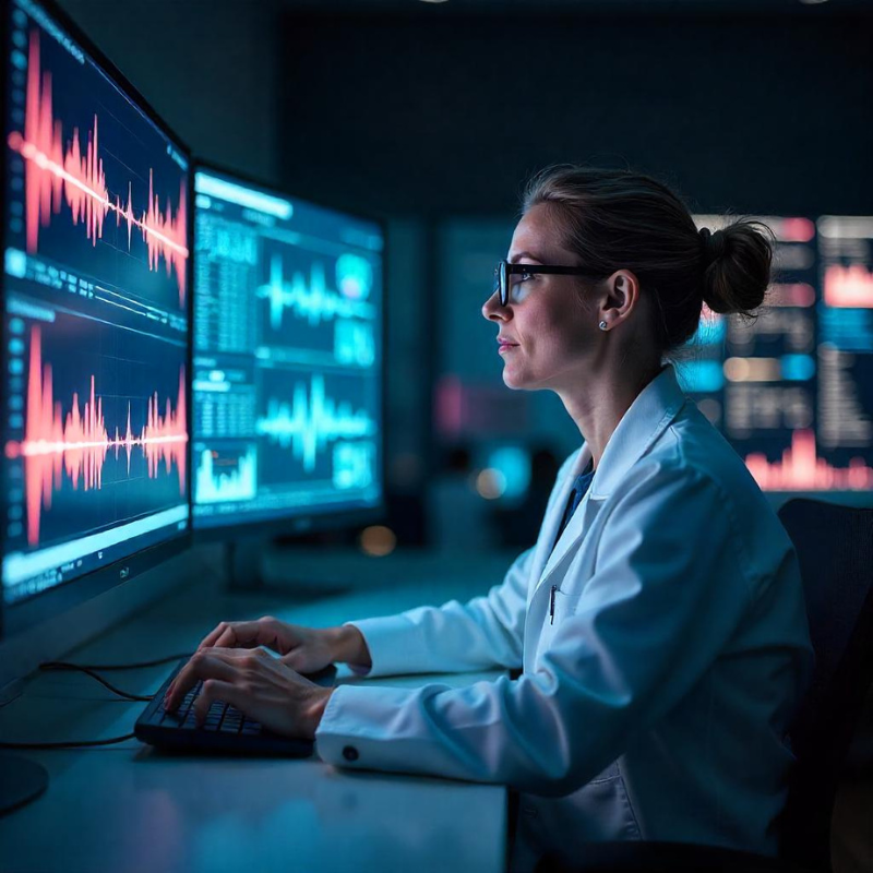 Uma mulher cienttista sentada a frente de vários computadores olhando emonitorando ondas cerebrais