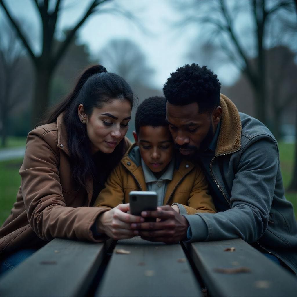 Um homem e uma mulher,ao lado do filho,mexendo no celular