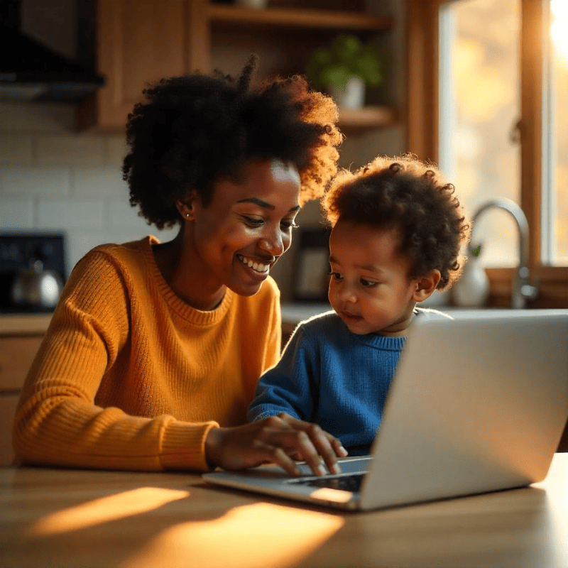 Uma mulher negra sentada a mesa com seu filho mexendo no notebook