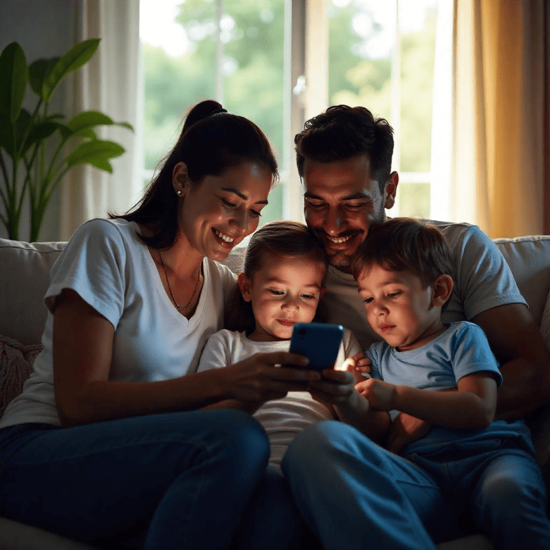 Um homem e uma mulher com seus dois filhos olhando para um celular e sorrindo