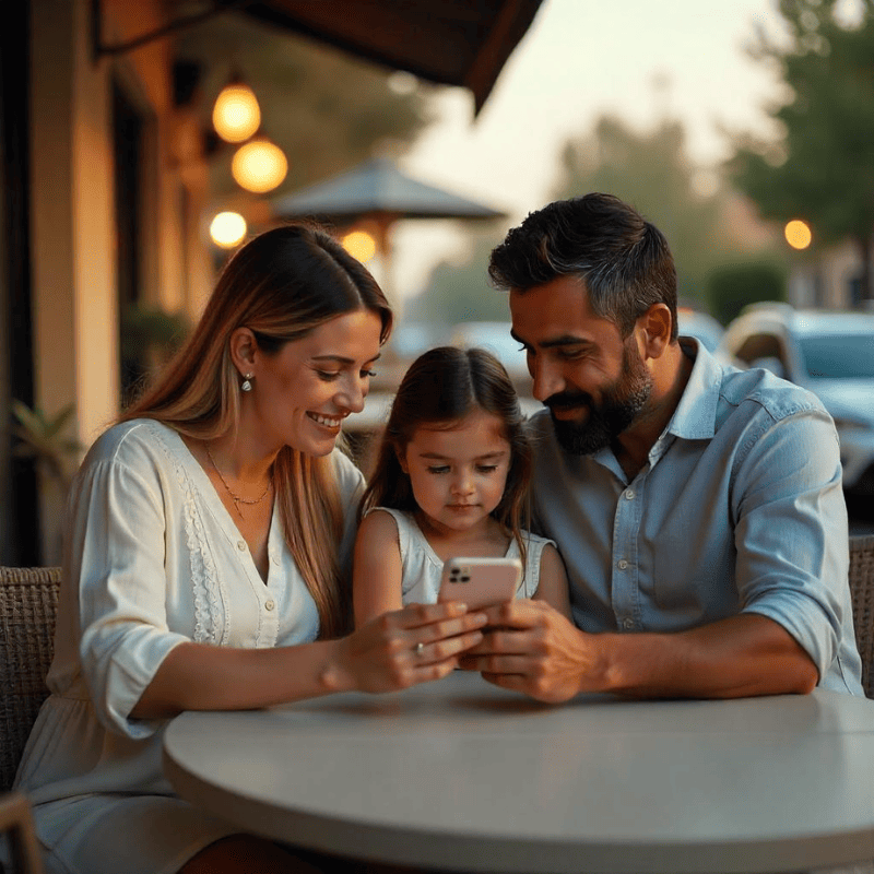 pai e mãe junto com a filha olhando para um celular