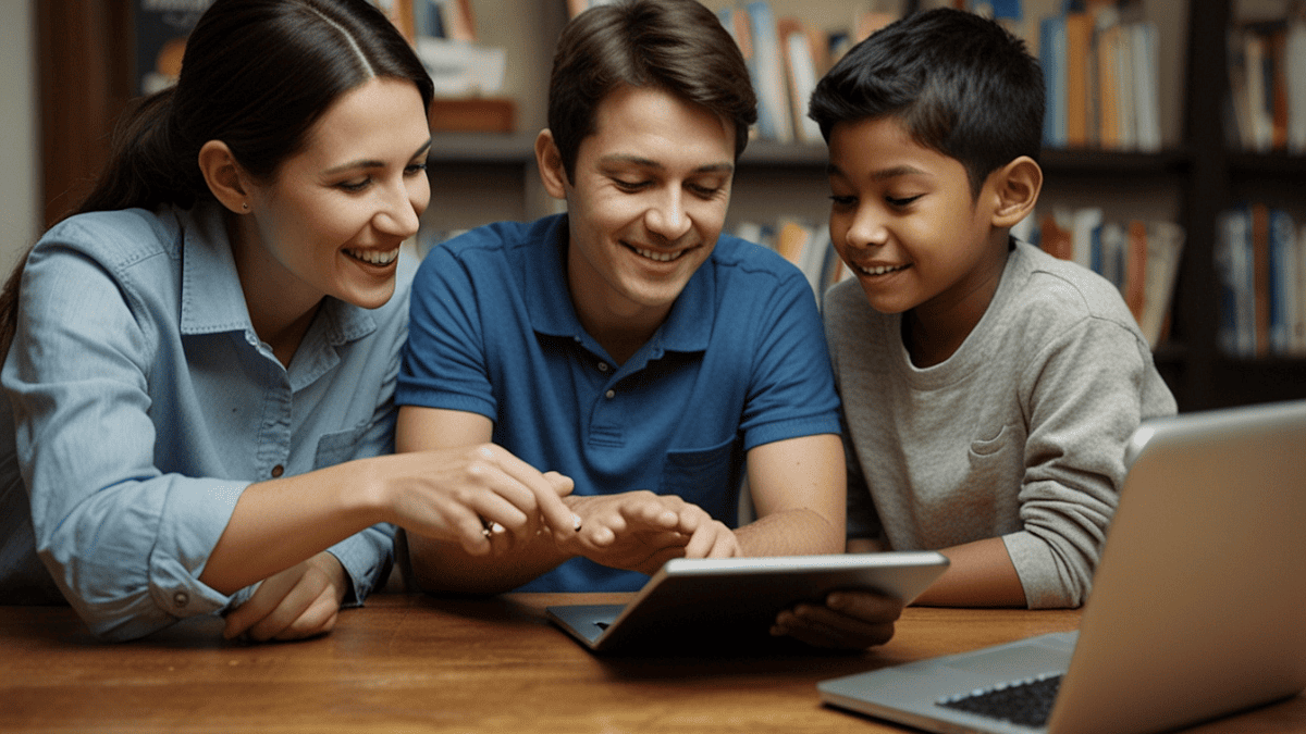 Um casal mexendo em um tablet junto com o filho.