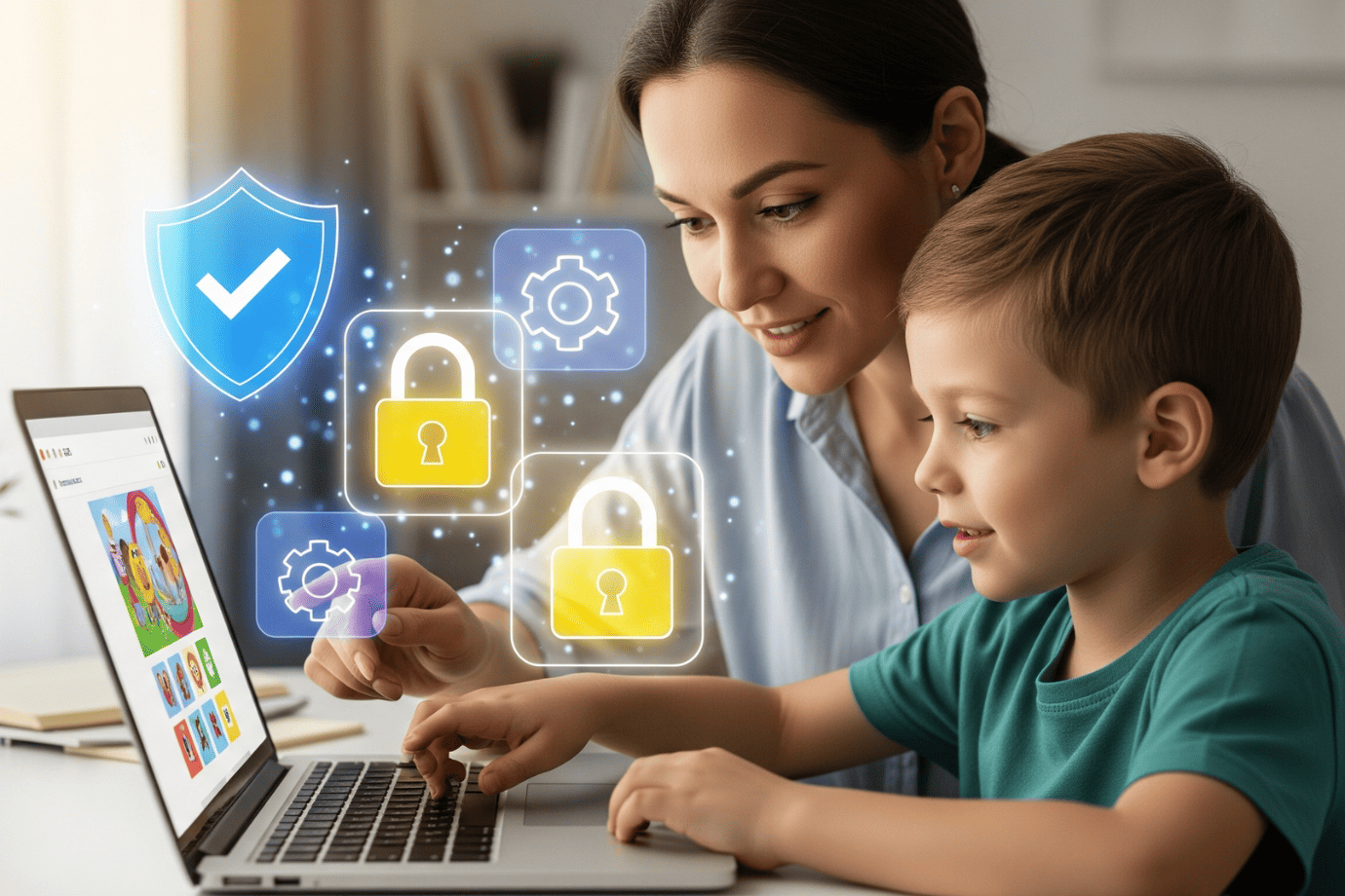 Mãe a ajudar o filho a navegar na internet de forma segura num portátil, com ícones de controlo parental, como cadeado e escudo, a flutuar em volta deles.